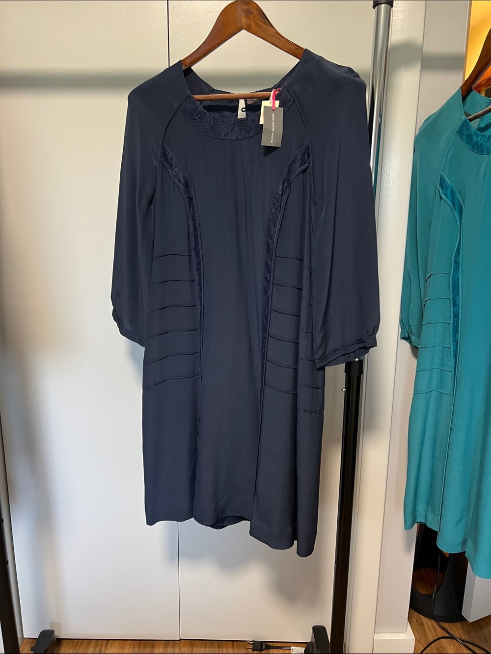 Boden Limited Edition - Silk Navy Pintuck & Lace Lined Shift Dress